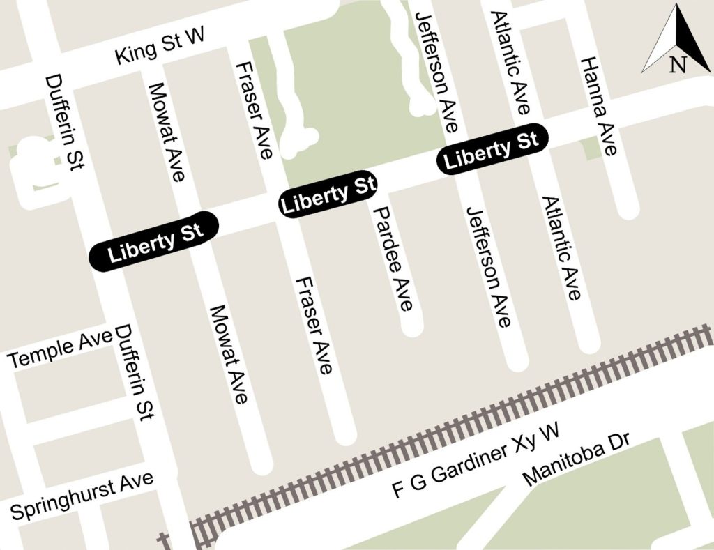 Map showing the extend of pedestrian improvements along Liberty Street, including blocks between Dufferin Street and Mowat Avenue, Fraser Avenue and Pardee Avenue, and Jefferson Avenue and Atlantic Avenue.