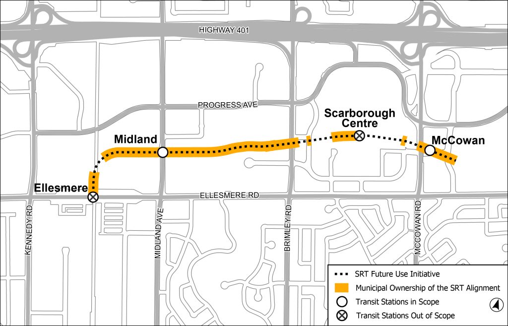 Map of the SRT Corridor lands owned by the City of Toronto.