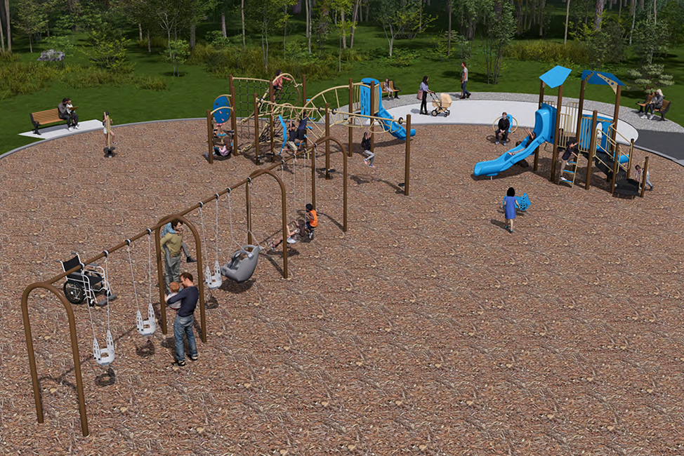 Design A for Densgrove Park. From the left to right, it includes a swing set with three toddler swings, two belt swings and one accessible swing. There is a senior play with various climbing feature, and a slide, and a junior play structure with two slides.