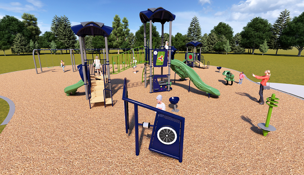 Play Option C Senior Play structure. From left to right, it includes a small slide, stairs into play structure, metal hoop bars connecting the smaller structure to bigger structure, a play panel, two big slides, and a swing rider toy.