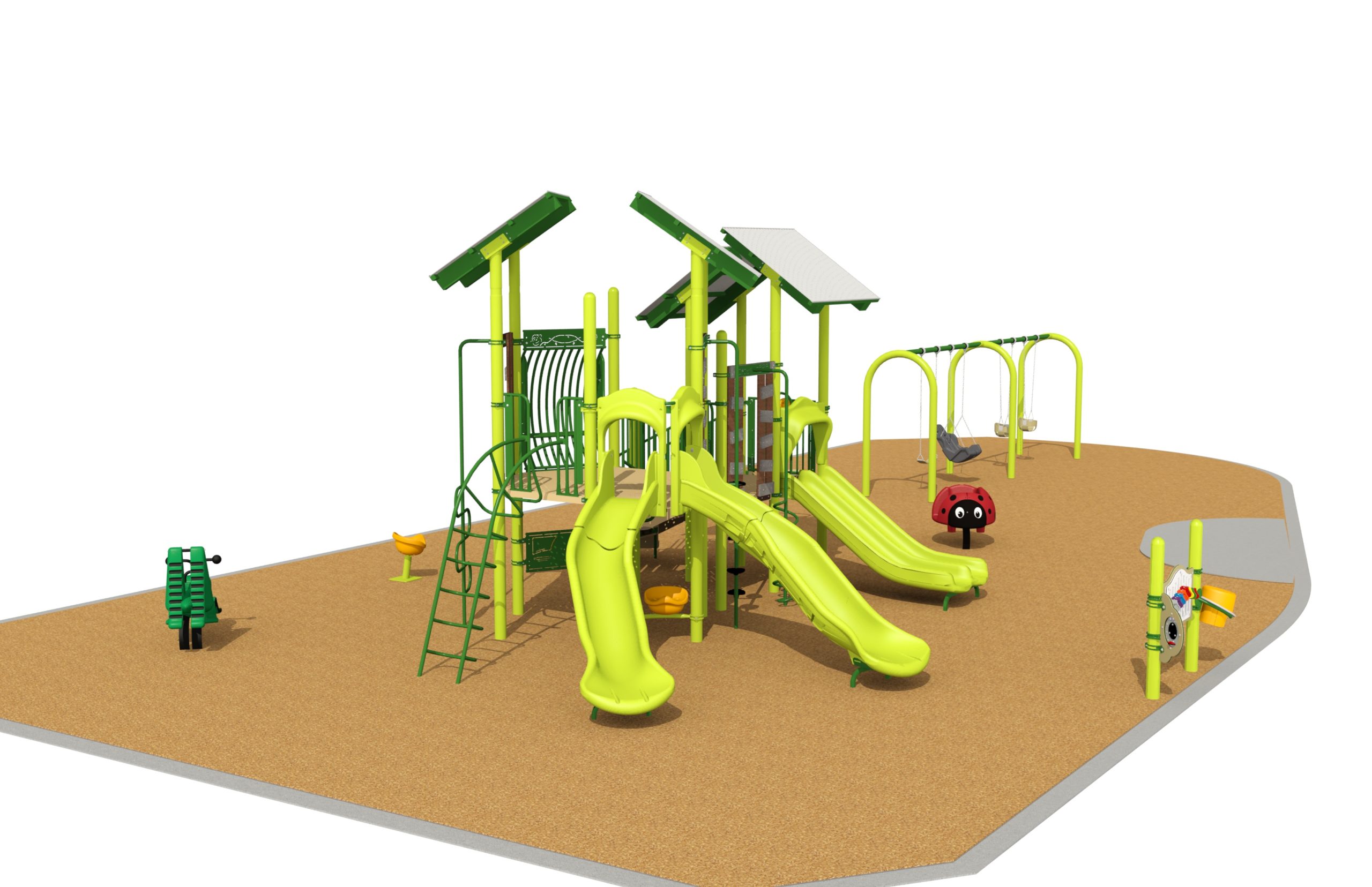 A view of the new playground from the north showing the main play structure in the foreground and the swing set in the background.
