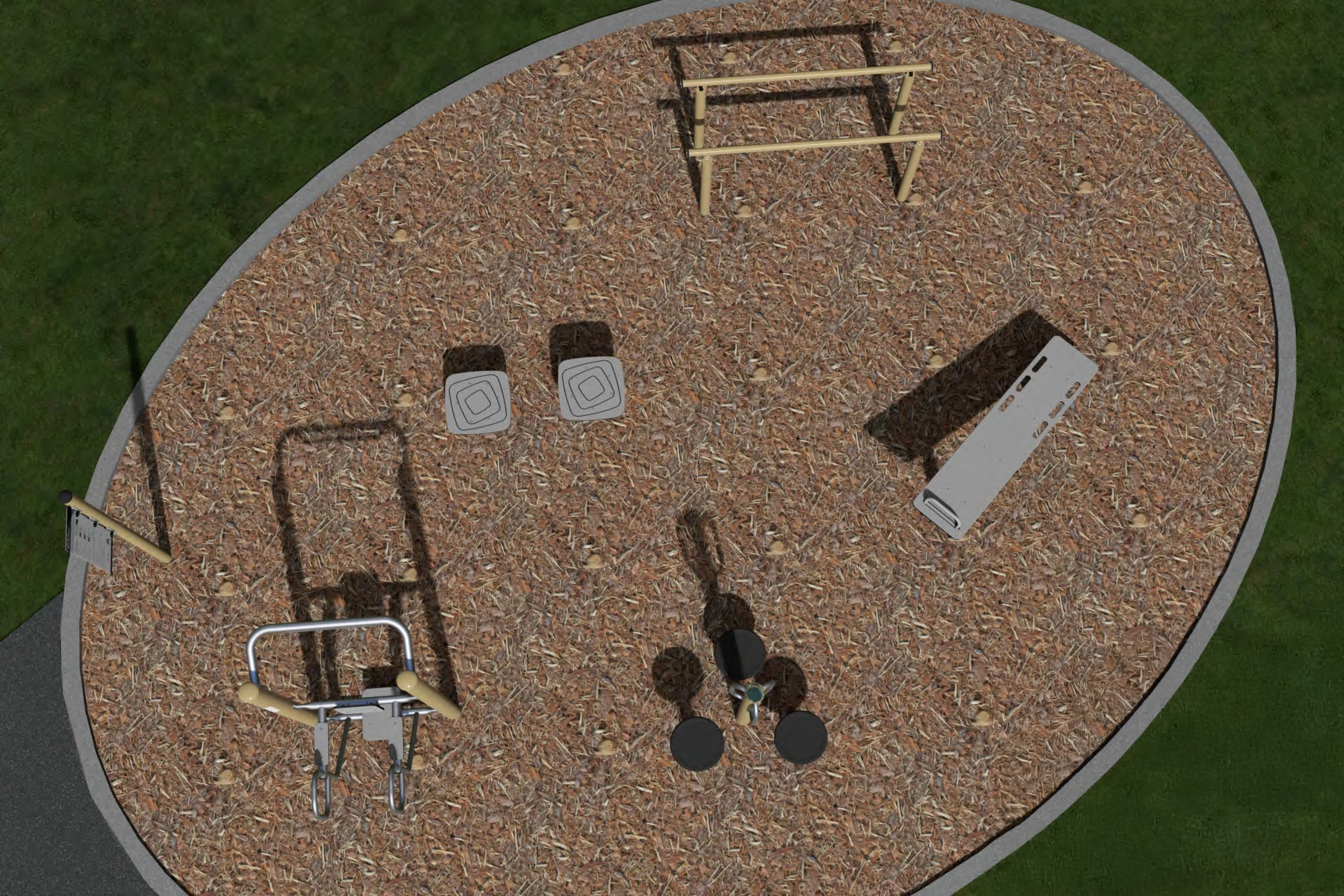 Aerial view of all five pieces of fitness equipment in the proposed fitness area.