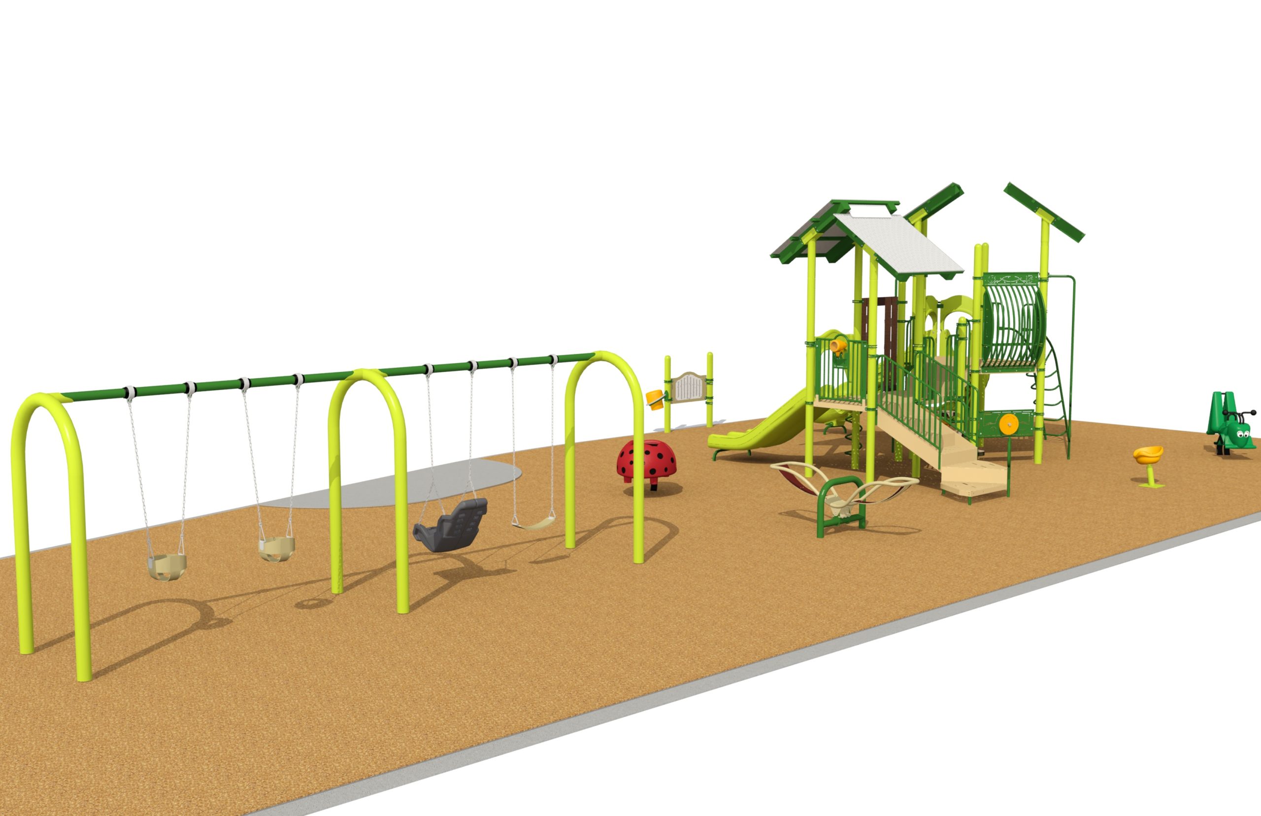 A view of the new playground from the south showing the swing set in the foreground and the main play structure in the background.