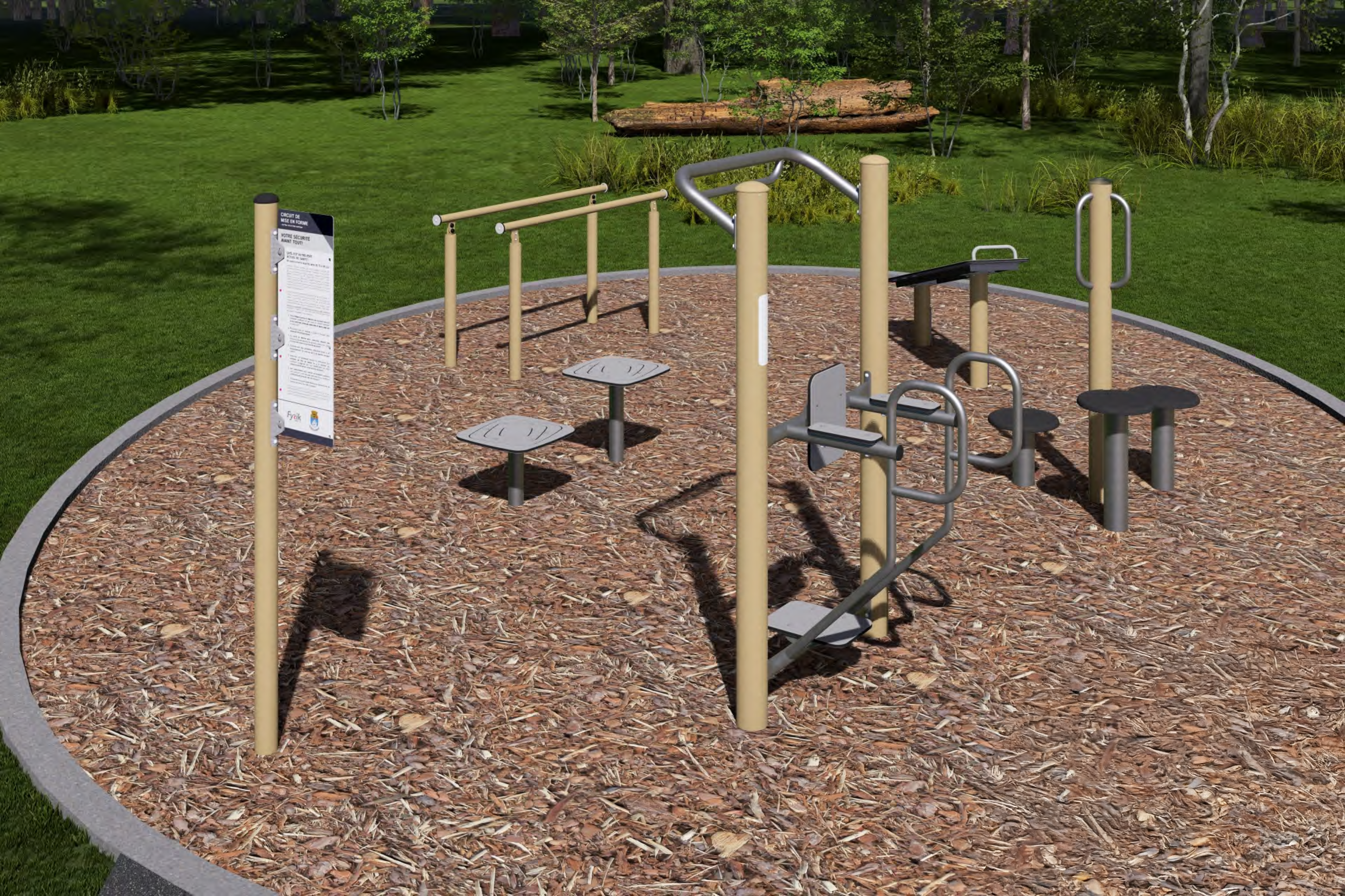 A rendering of the proposed five pieces of outdoor fitness equipment. Focusing on the leg lift pull-up, and equipment guidance sign.