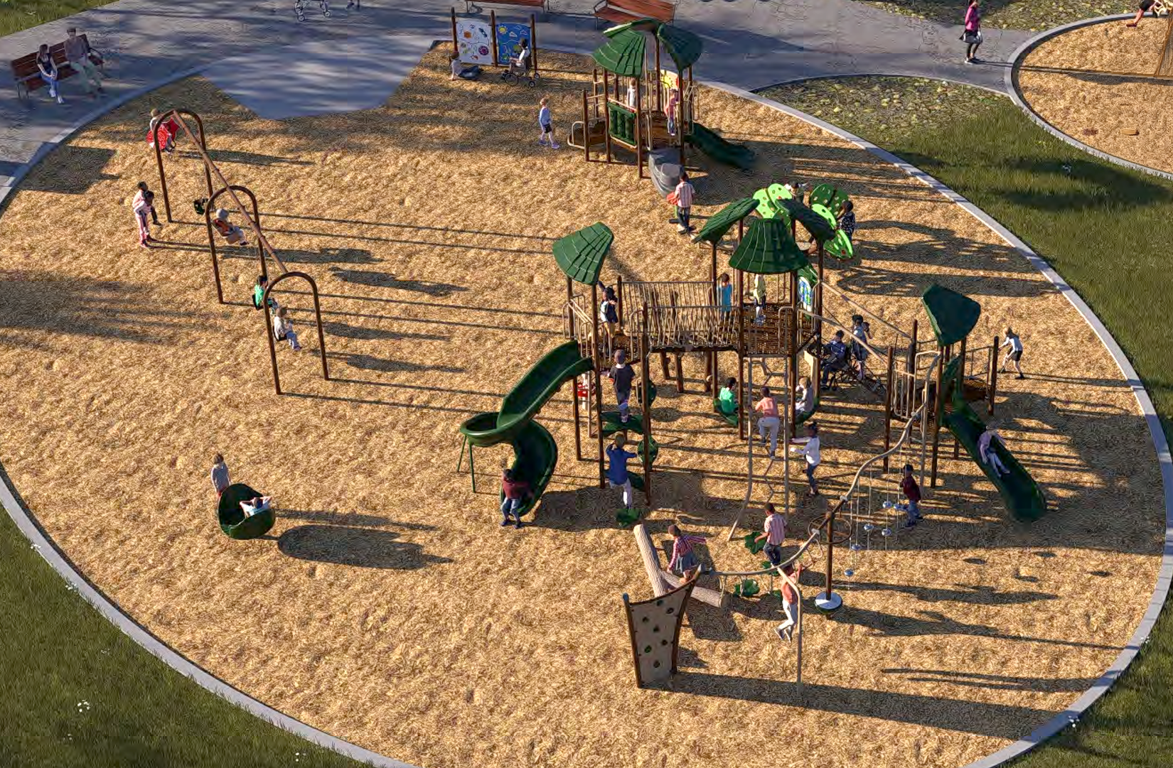 An aerial view of Playground Design B looking to the northwest from the southeast. From the lower left to the upper right, it includes a swing set, senior play equipment, a spinner toy, junior play equipment, a stand-alone climbing structure and a crawl tube. 