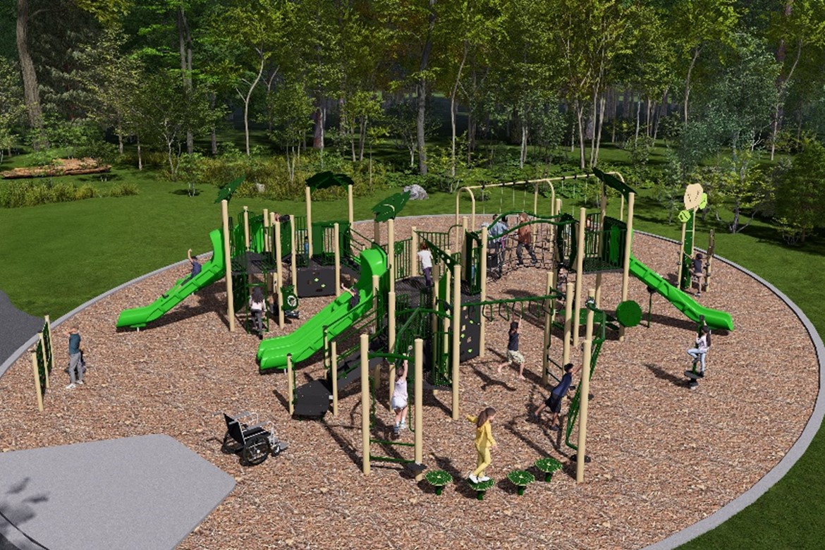 An aerial view of Playground Design A looking to the northwest from the southeast. From the lower left to the upper right, it includes a swing set, senior play equipment, a spinner toy, junior play equipment, a stand-alone climbing structure and a crawl tube. 