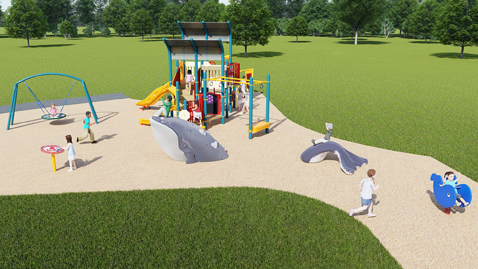 A rendering of Playground Design B looking towards the southeast. From left to right it includes a swing set, a freestanding activity globe, a sculpted whale body and tail, a play structure, freestanding activity panels, and a spring toy. The play equipment are shown in teal, yellow, beige, red, and blue.