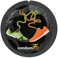 Condom wrapper displaying soccer shoes with strings
