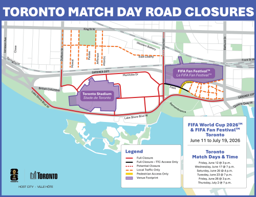 A map of the area around Toronto Stadium and FIFA Fan Festival between Lake Shore Blvd. West and King Street and between Bathurst Street and Jameson Ave. Several roads are marked with orange dotted lines indicating "local traffic only" and red solid lines indicating "full closure) on match days listed from June 11 to July 19. Accessibility Support: If you require this information in an alternative format or need assistance interpreting this map, please contact Anu Saini who works for Transportation Services at the City of Toronto at 416-392-7482.