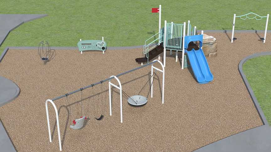 A rendering of Playground Design C looking towards the south. From left to right it includes a spinner toy, freestanding activity panels, a swing set, a play structure, and an overhead climbing option. The play equipment is shown in white, light blue, cyan, blue pastel and black.