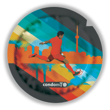 Condom wrapper displaying a soccer player and the CN tower, toronto.