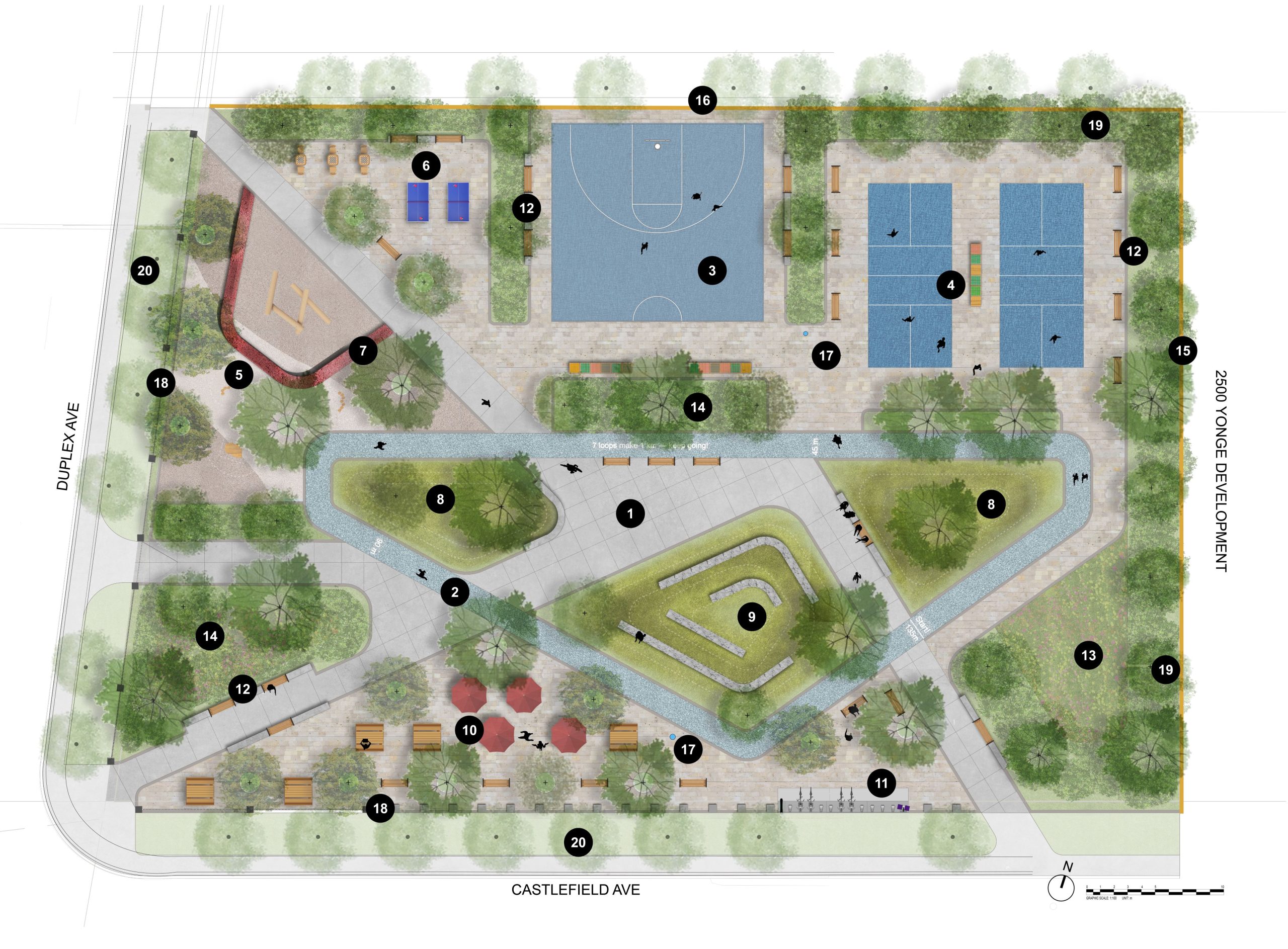 Site plan showing the northern edge with active recreation, including a half-court basketball court, two pickleball courts, table tennis, and a small gaming area, supported by seating and shaded edges. To the northwest, a natural play zone with log steppers, climbing elements, and a rubber play surface introduces a forest-inspired setting using natural materials. Sculpted seatwalls and surrounding planting create a playful gathering space for children and caregivers. At the centre, a looping trail connects all program areas and frames green mounds and a small grassy amphitheatre that provides informal seating and flexible lawn space for community programming and events. Along the south edge, a picnic and social plaza with tables, umbrellas, and seating. A drinking fountain and bike share station reinforce this edge as an active interface along Castlefield Avenue. To the east are a pollinator garden and landscape buffer that also acts as a noise buffer for the condo development next door. Park entrances are at Castlefield Avenue and Duplex Avenue. A combination of fencing strategies include a solid edge along St. Clement’s School to the north, a noise barrier along the east, and a more permeable edge to the south.