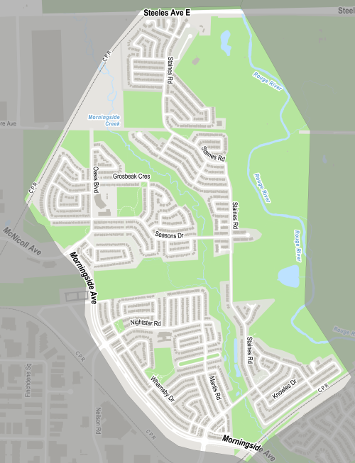 MorningsideHeights Streets Plan project map bounded by Steeles Avenue, Railcorridor, Morningside Avenue and eastern rail corridor.