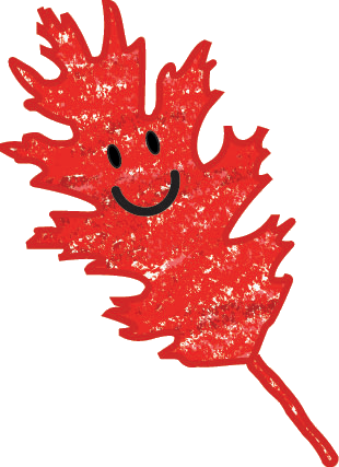 Red icon image for kids vote weekend of a red oak leaf with a cartoon-like smiley face that is winking. 