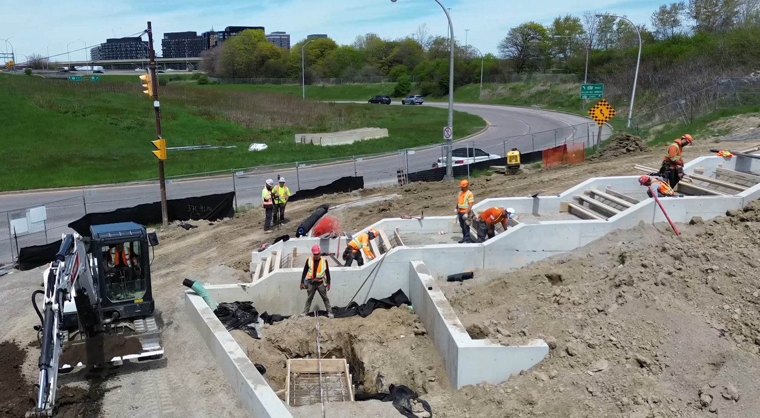 View from the ramp area looking toward the stairs, with crew preparing the steps for a concrete pour.