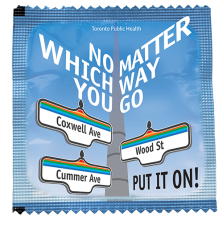 Condom wrapper road name signs and reads "no matter which way you go, put it on"