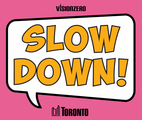 Comic Style Lawn Sign with bright pink background and yellow text reading SLOW DOWN