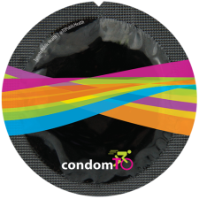 Condom wrapper with ribbon of rainbow colours