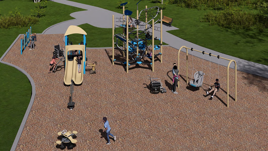 A rendering of Playground Design A, looking towards the west. From left to right it includes freestanding activity panels, a junior play structure, a stand-up spinner, a spring toy, a senior rope climbing play structure, and a swing set. The play equipment are shown in beige, grey, light blue and dark blue.