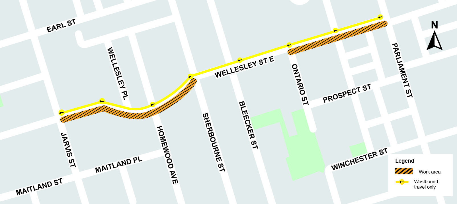 Map showing westbound travel travel on Wellesley Street East between Parliament Street and Jarvis Street.