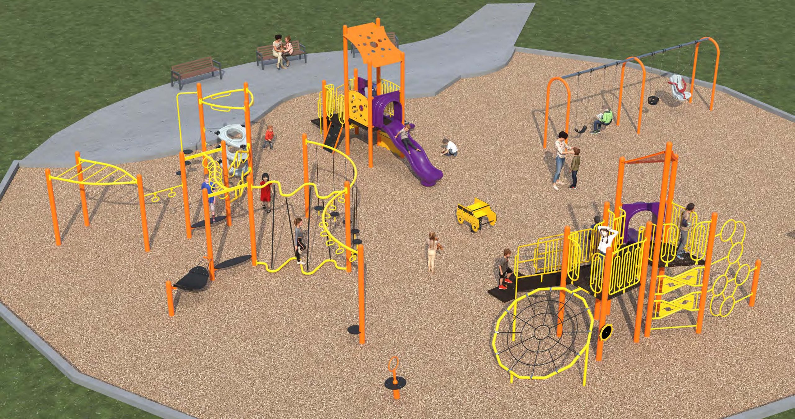 Rendering of the final design for the new Richmond Park playground, featuring two main play structures and multiple climbing structures, a swing set, spring toy, stand-up spinner and play panels. They are shown in bright colours, like yellow, orange and purple.