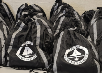 Emergency preparedness kits branded with the Toronto Emergency Management logo.