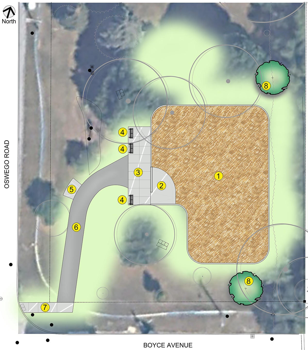 Site plan of Horton Park playground improvements. The new playground is slightly relocated to the east and connected by new asphalt paths to the main north-south pathway between Painted Post Drive and Rochman Boulevard.