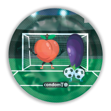 Condom wrapper displaying the soccer players as peach and cream