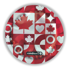 Condom wrapper with maple leaf show casing Canada theme
