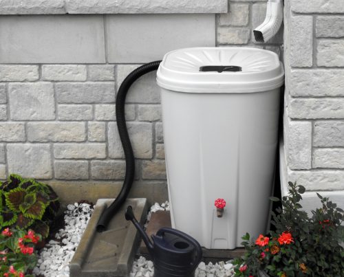 A grey rain barrel in a garden with stones and plants.