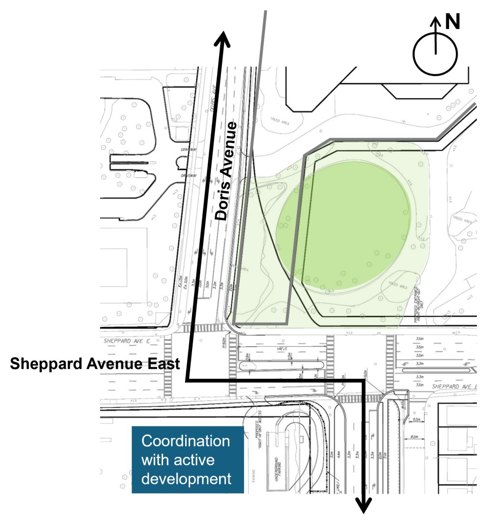 Preliminary design diagram illustrating the Doris Avenue extension alignment, including the offset intersections at Sheppard Avenue East and connections to Bonnington Place and Tradewind Avenue.