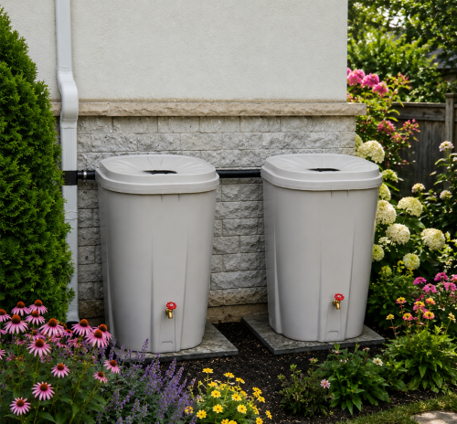 Two grey rain barrels with a downspout diverter in a garden at the back of a house.
