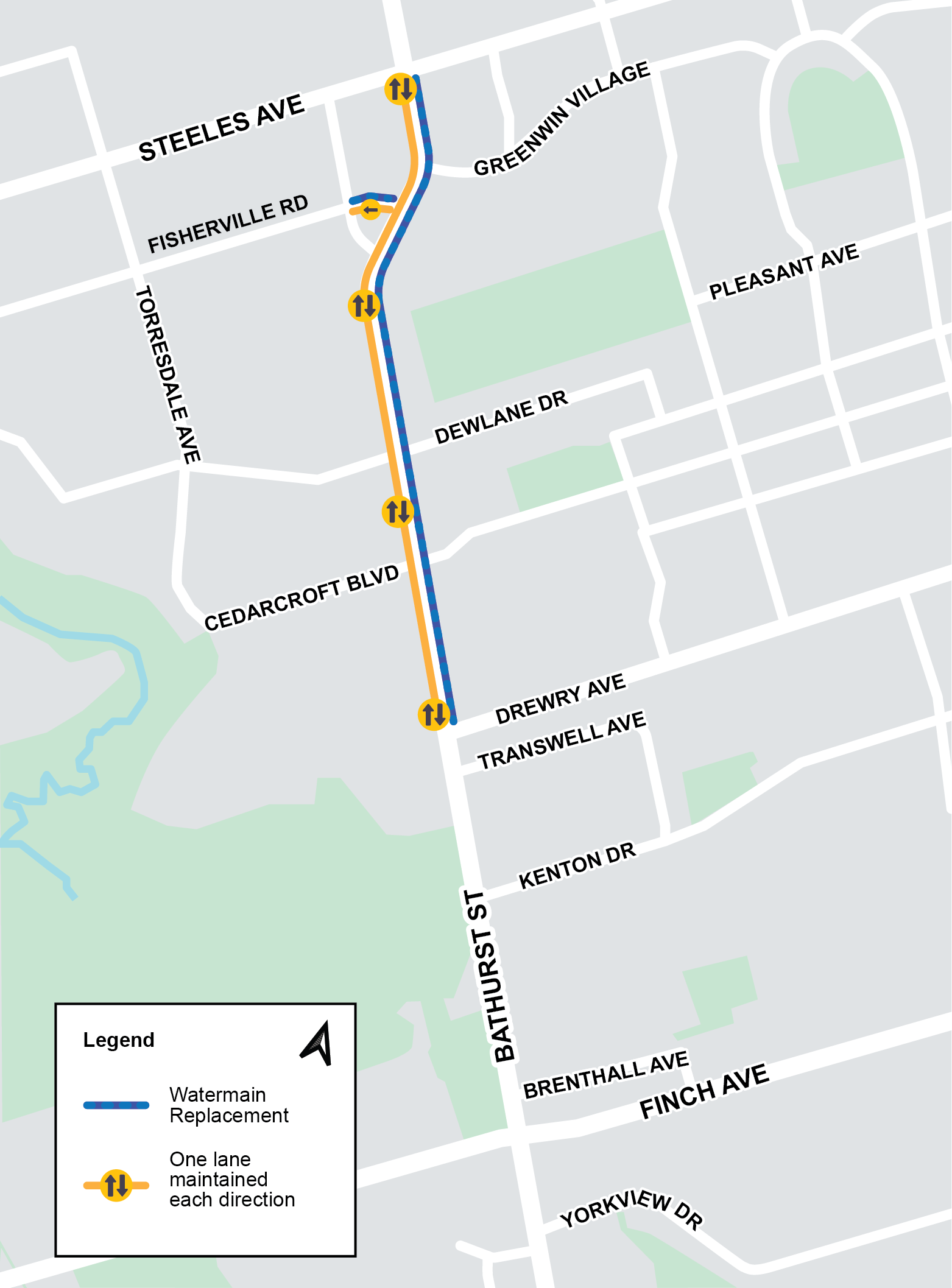 Map of work area for Phase one Watermain replacement on Bathurst Street from Steeles Avenue West to Drewry Avenue and on Fisherville Road from Bathurst Street to Carpenter Road. If you have any questions please contact Mark De Miglio at bathurstconstruction@toronto.ca or call 416 395 7178.
