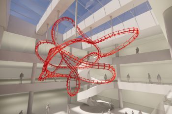 Rendering of sculpture, large, red rollercoaster suspended in air in centre of atrium