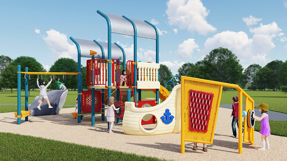 A rendering of the play structure in Playground Design B looking towards the northwest with the sculpted whale body in the left side of the background, and freestanding panels on the right side of the foreground. From left to right of the play structure, the rendering shows an overhead ring climbing option, roofs, activity panels, climbing options, a crawl-through activity panel, and a ship bow. The play equipment is shown in teal, yellow, beige, red, and blue.