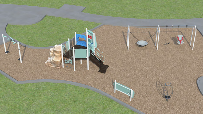 A rendering of Playground Design C looking towards the northwest. From left to right it includes an overhead climbing option, a play structure, free-standing activity panels, a spinner toy, and a swing set. The play equipment is shown in white, light blue, cyan, blue pastel and black.