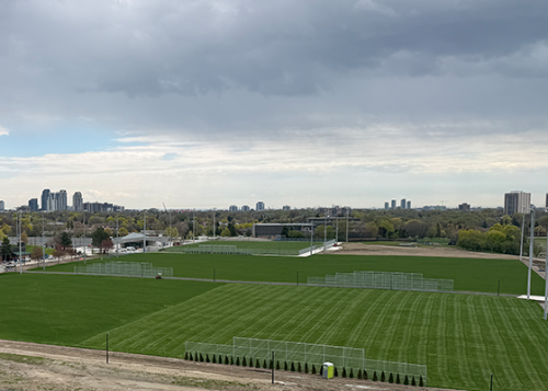 A wide shot of a collection of soccer fields.