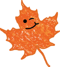 Orange icon image for kids vote weekend of a sugar maple leaf with a cartoon-like smiley face that is winking.