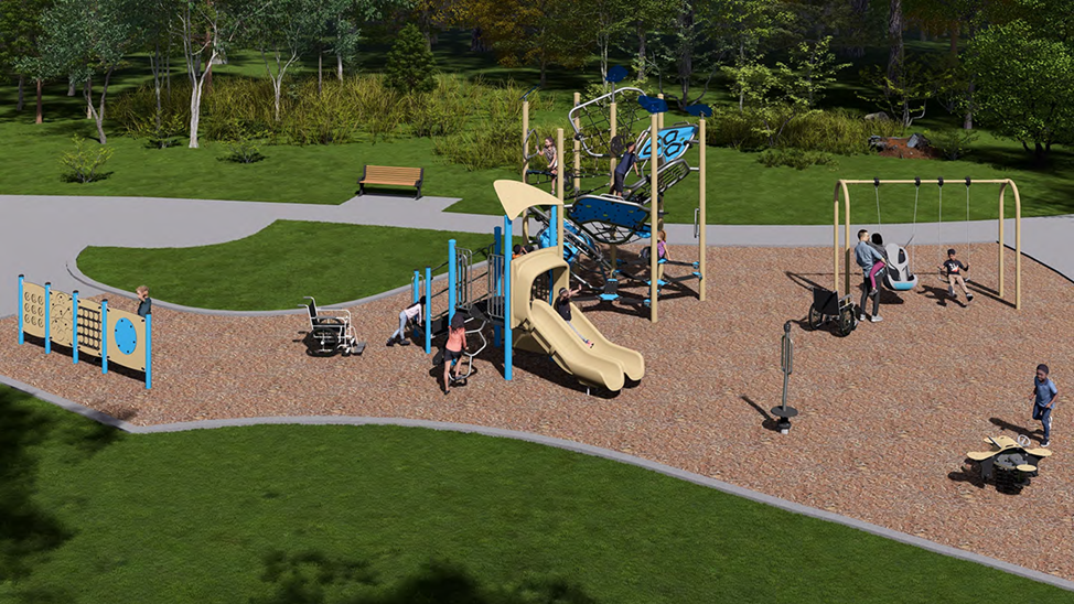 A rendering of Playground Design A, looking towards the northwest. From left to right it includes freestanding activity panels, a junior play structure, a senior rope climbing play structure, a stand-up spinner, a swing set, and a spring toy. The play equipment is shown in beige, grey, light blue and dark blue.