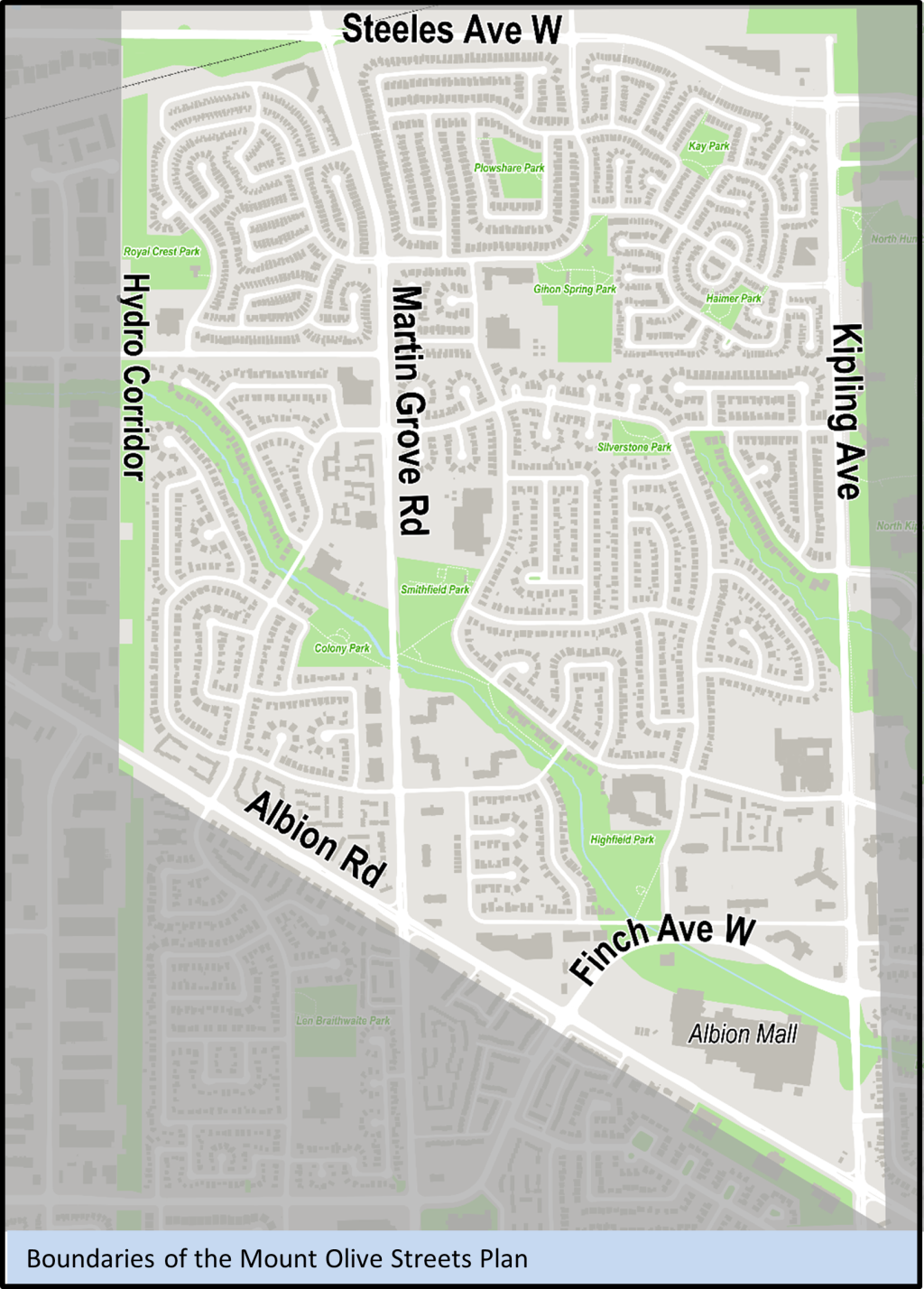 Map showing boundaries of the Mount Olive Streets Plan project area