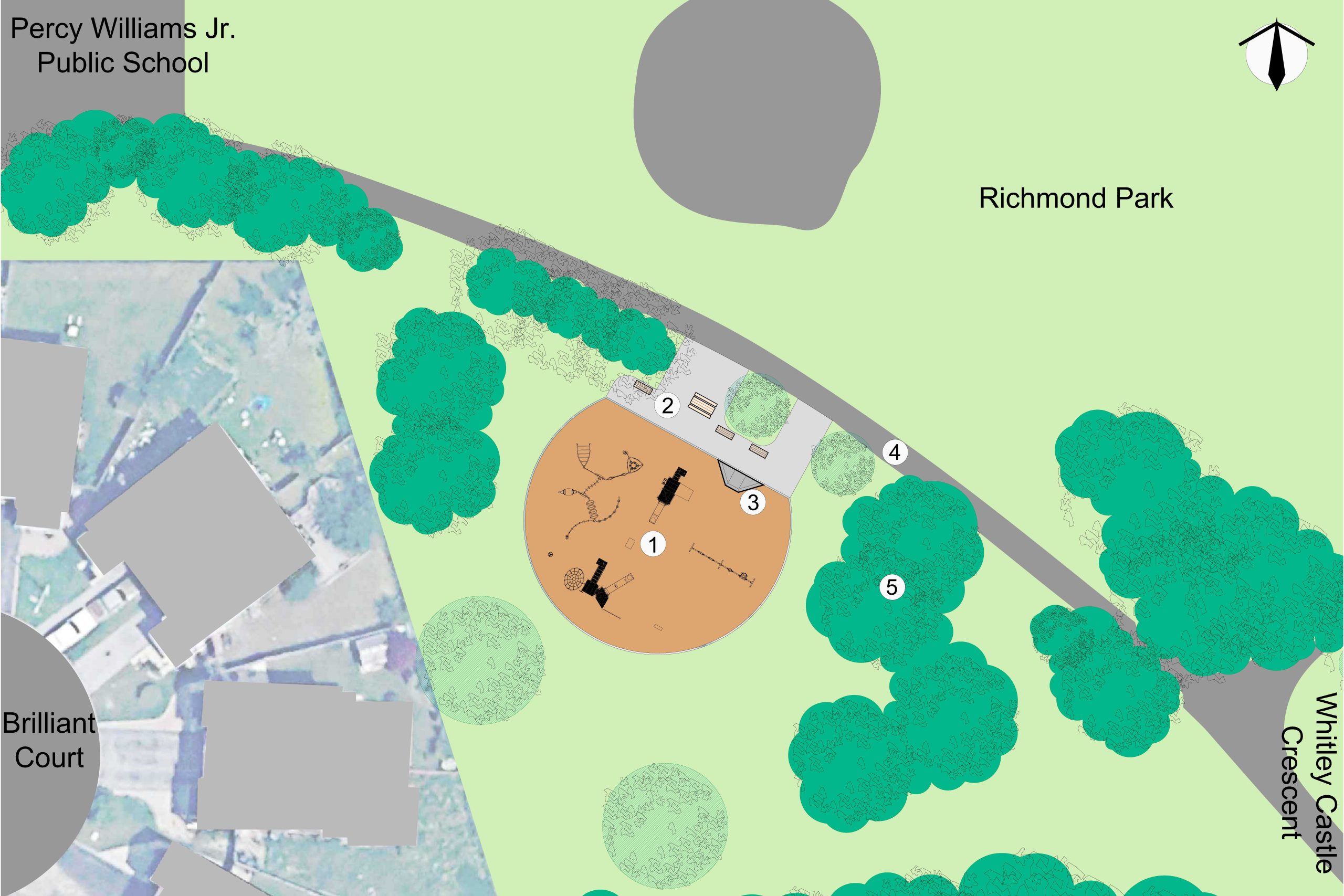 Final updated site plan showing the playground area with the play equipment set up, seating are, nearby trees and accessible pathways outlined.