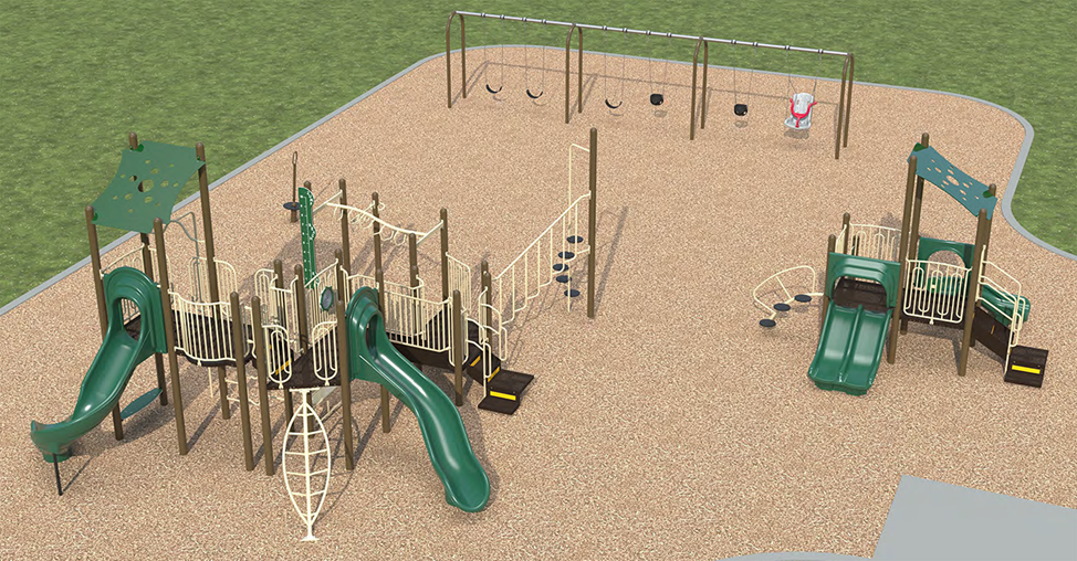 A rendering of Playground Design B looking towards the south. From left to right, the design includes a senior play structure, a stand-up spinner, a swing set, and a junior play structure. The structures are shown in beige, brown, and green.