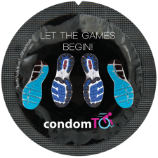 Condom wrapper with pictures of soccer shoes and reads "let the games begin"