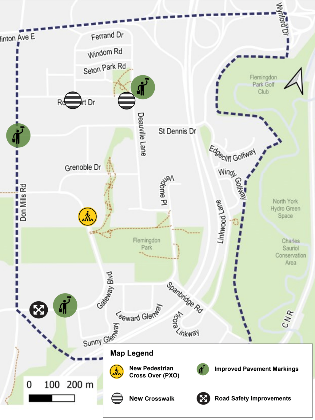 Map showing locations for proposed changes to address the concern, as described in text.