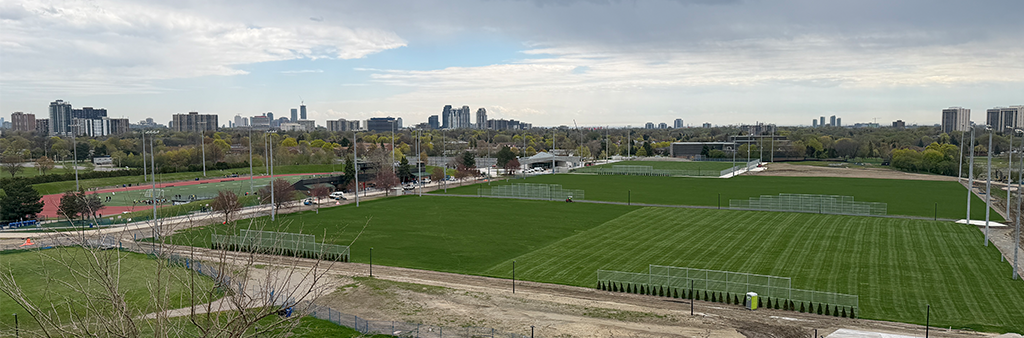 A wide shot of a collection of soccer fields.