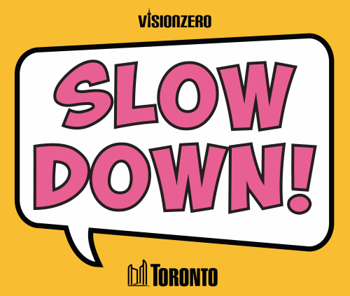 Comic Style Lawn Sign with a bright yellow background and pink text reading SLOW DOWN