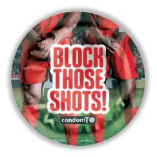 Condom wrapper reads 'block those shots' in the background of soccer players