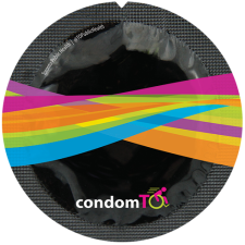 Condom wrapper with ribbon of rainbow colours