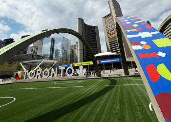 Nathan Phillips Square decorated with FWC26 soccer pitch and decals.