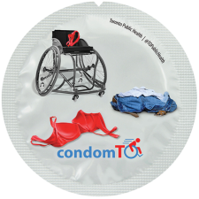 Condom wrapper with pictures of innerwear and accessibility chair